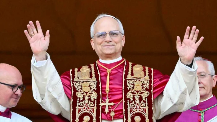 Pope Leo XIV speaking during a visit to the World Food Programme headquarters in Rome.